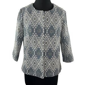 MNG by Mango Suit Collection Blue Tweed Aztec 3/4 Sleeve Short Blazer Jacket M